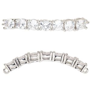 Focal, cubic zirconia and silver-plated brass, clear, 40x5mm curved rectangle. Sold individually.