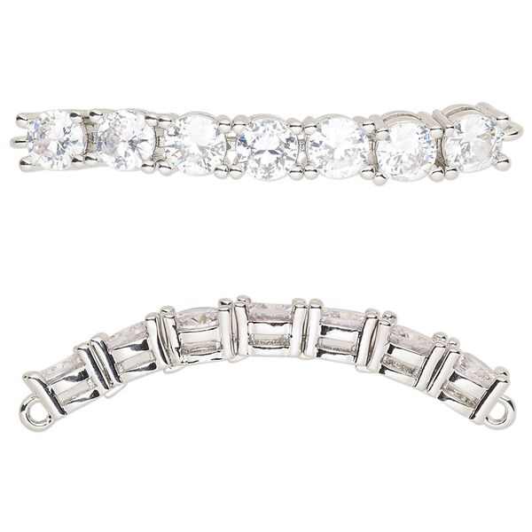 Focal, cubic zirconia and silver-plated brass, clear, 40x5mm curved rectangle. Sold individually. image number 0