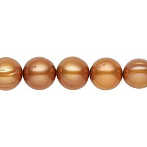 Pearl, cultured freshwater (dyed), burnt sienna, 9-10mm semi-round with 0.4mm hole, C grade, Mohs hardness 2-1/2 to 4. Sold per 15-inch strand.