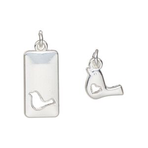 Charm, silver-finished "pewter" (zinc-based alloy) and steel, 20x10mm rectangle with bird cutout design and 13x8mm single-sided bird with heart cutout. Sold per pkg of (2) 2-piece sets.