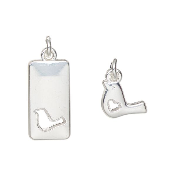 Charm, silver-finished "pewter" (zinc-based alloy) and steel, 20x10mm rectangle with bird cutout design and 13x8mm single-sided bird with heart cutout. Sold per pkg of (2) 2-piece sets. image number 0