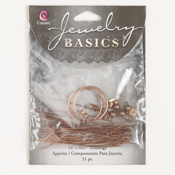 Finding and component assortment, steel, pkg/51, head pin / eye pin / earstud / earnut / earring hoop, copper finish. image number 0