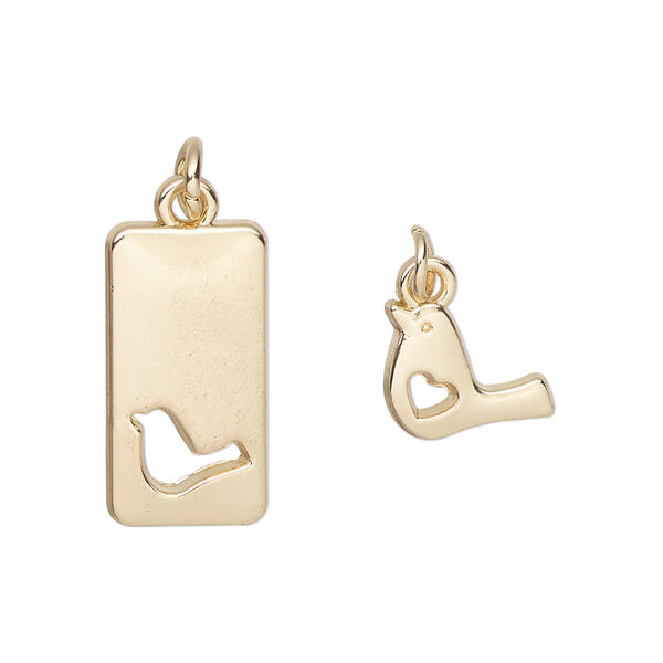 Charm, gold-finished "pewter" (zinc-based alloy) and steel, 20x10mm rectangle with bird cutout design and 13x8mm single-sided bird with heart cutout. Sold per pkg of (2) 2-piece sets. image number 0