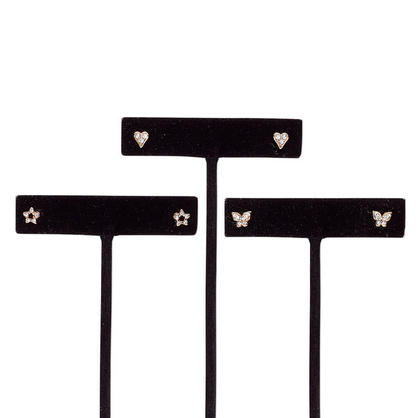 Earring, glass rhinestone / stainless steel / rose gold-finished steel / "pewter" (zinc-based alloy), clear, 6x6mm heart / 6x6mm star / 7x6mm butterfly with post. Sold per pkg of 3 pairs. image number 0