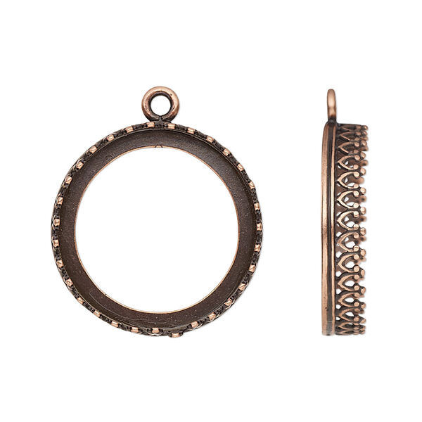 Drop, JBB Findings, antique copper-plated brass, 22mm round with decorative trim, 20mm round bezel setting. Sold per pkg of 2. image number 0
