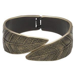 Bracelet, hinged bangle, antique gold-finished "pewter" (zinc-based alloy), 25mm wide with leaf design, 7 inches. Sold individually.