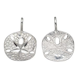 Charm, sterling silver, 25x18mm double-sided textured flat sand dollar. Sold individually.