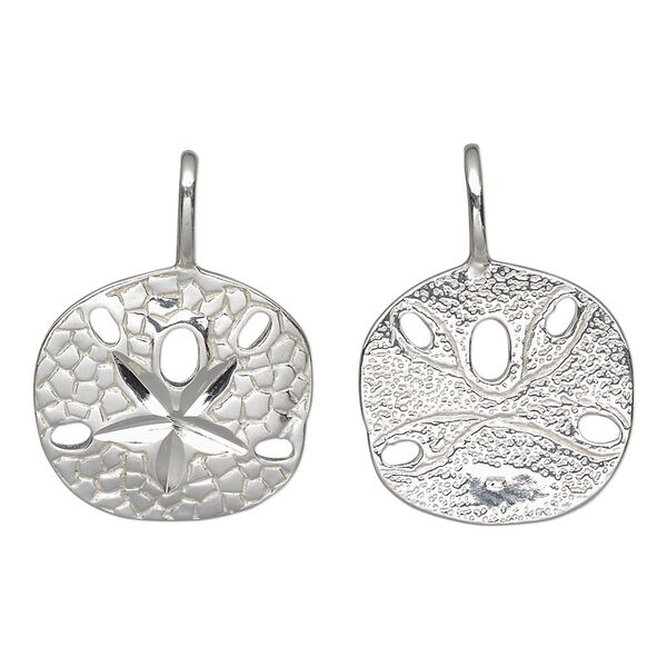 Charm, sterling silver, 25x18mm double-sided textured flat sand dollar. Sold individually. image number 0