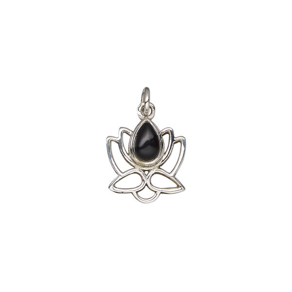Black onyx / sterling silver 1pkg1, antiqued open lotus drop 12x12mm image number 0