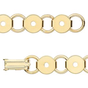 Bracelet component, gold-plated steel, (12) 9.5mm round link settings, 7 inches with fold-over clasp. Sold per pkg of 2.