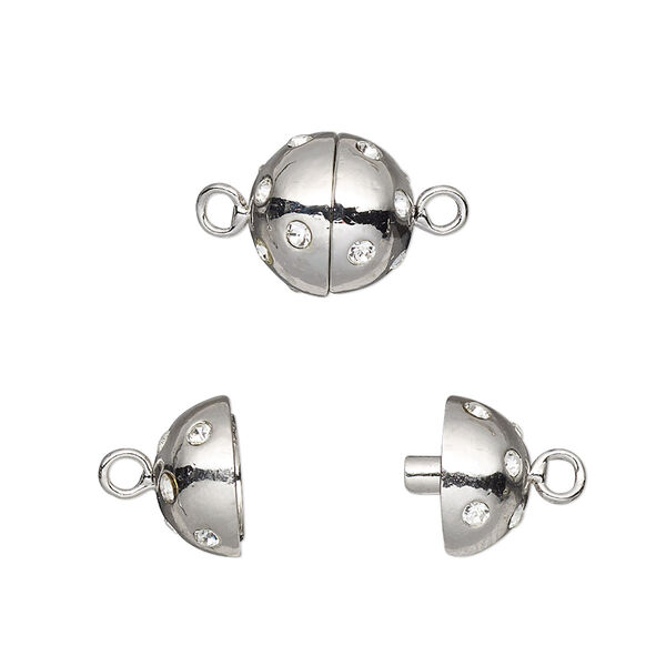 Clasp, magnetic, crystal rhinestone and rhodium-plated pewter (tin-based alloy), clear, 10mm round. Sold individually. image number 0
