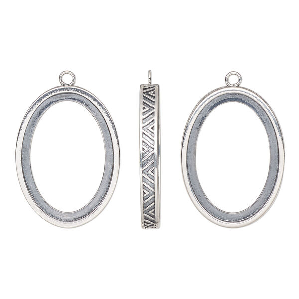 Drop, antiqued sterling silver, 28x20mm oval with 25x18mm oval setting and chevron design and open back. Sold individually. image number 0