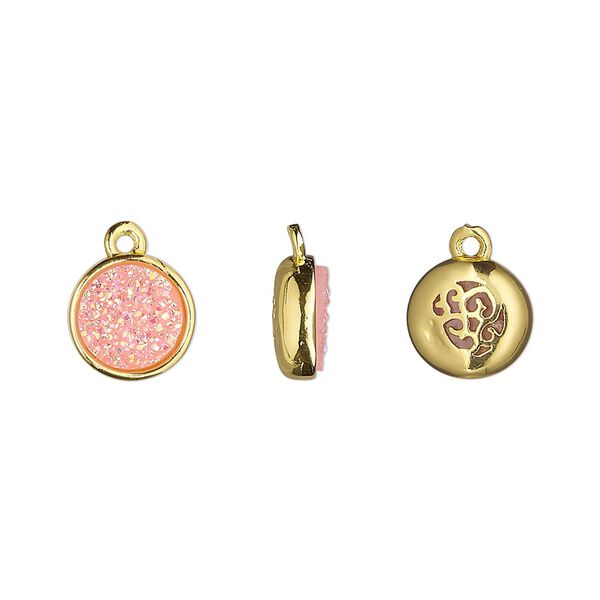 Drop, Druzylite™, "druzy" (resin) and gold-finished brass, pink, 9.5mm two-sided round with open filigree back. Sold per pkg of 4. image number 0