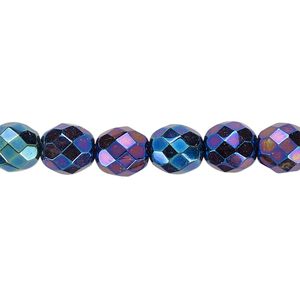 Bead, Czech fire-polished glass, opaque iris blue, 8mm faceted round. Sold per 15-1/2" to 16" strand.
