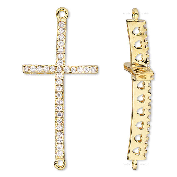 Focal, glass rhinestone and gold-finished brass, clear, 39x19mm single-sided curved cross with heart cutouts. Sold individually. image number 0