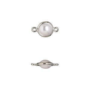 Link, acrylic pearl and imitation rhodium-finished brass, opaque cream, 8mm double-sided round. Sold per pkg of 10.
