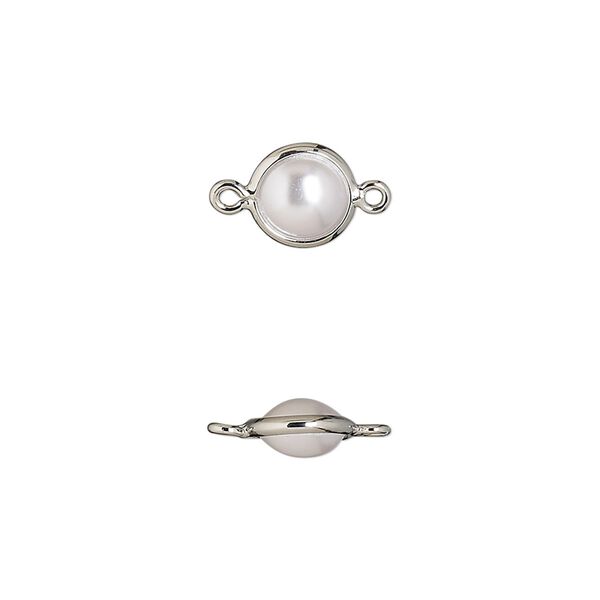 Link, acrylic pearl and imitation rhodium-finished brass, opaque cream, 8mm double-sided round. Sold per pkg of 10. image number 0