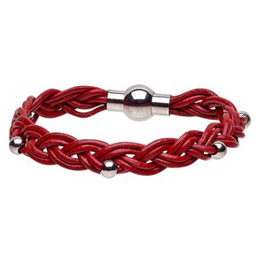 Bracelet, leather (dyed) and stainless steel, red, 11mm wide braided with 5mm round, 7 inches with magnetic clasp. Sold individually.