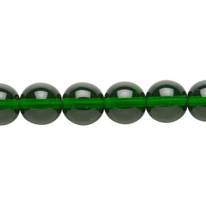 Bead, Czech glass druk, transparent emerald green, 10mm round. Sold per 15-1/2" to 16" strand.
