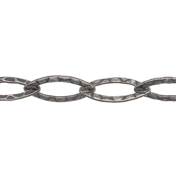 Chain, antique silver-plated brass, 8mm hammered marquise. Sold per pkg of 5 feet. image number 0