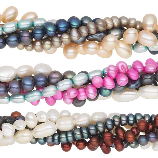 Pearl mix, cultured freshwater (bleached / dyed), mixed colors, 3x3mm-9x6mm mixed shape, C- grade, Mohs hardness 2-1/2 to 4. Sold per (5) 15" to 16" strands. image number 0