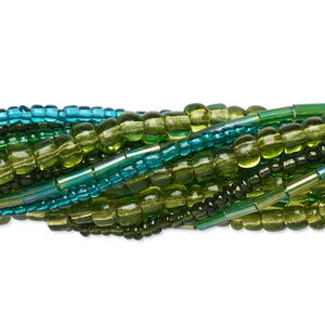 Bead mix, seed bead and bugle bead, glass, pkg/(10)14 inch, 6/0 center-drilled round, mixed mixed colors.