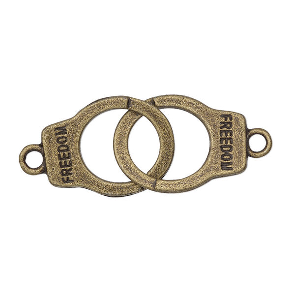 Link, antique brass-finished "pewter" (zinc-based alloy), 35x15mm double-sided handcuff with "Freedom." Sold per pkg of 2. image number 0
