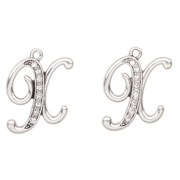 Charm, antique silver-finished "pewter" (zinc-based alloy) and glass, clear, 24x23mm letter "X". Sold per pkg of 2. image number 0