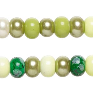 Bead, glass, opaque green, 10x7mm rondelle. Sold per pkg of (2) 7-inch strands, approximately 55 beads.