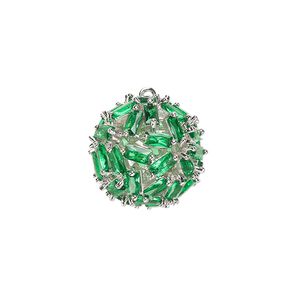 Drop, cubic zirconia and silver-plated brass, emerald green, 17.5mm hollow ball. Sold individually.