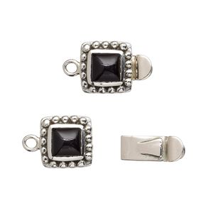 Clasp tab 1pkg1 sterling silver / black onyx, 11mm square / 6mm domed square cab, antiqued 1-strand