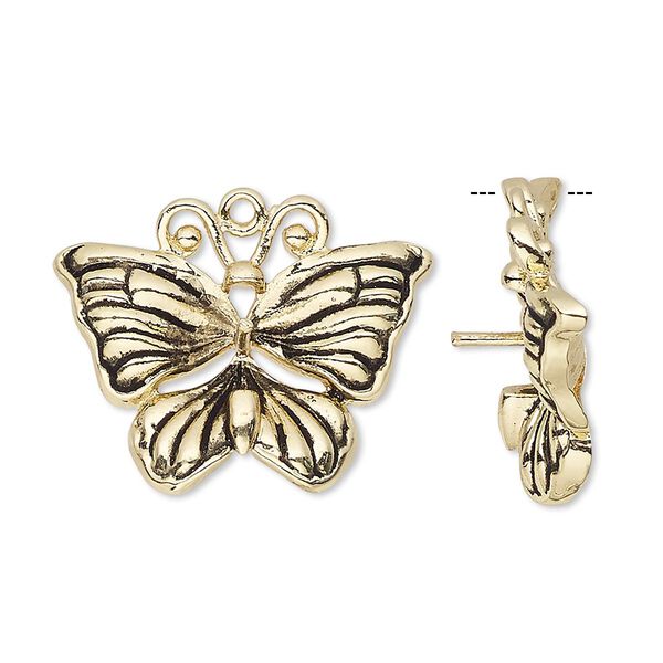 Drop, antiqued gold-finished bronze, 26x20mm single-sided butterfly with post, fits 6-8mm bead. Sold individually. image number 0