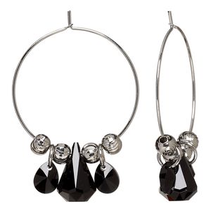 Earring, Everyday Jewelry™, Crystal Passions® and silver-plated "pewter", jet, 42mm hoop with teardrops and rounds. Sold per pair.