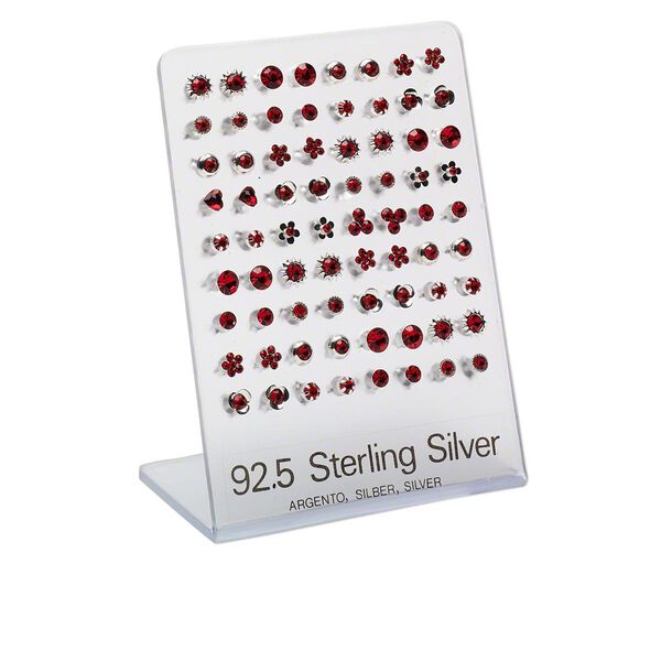 Earring mix, Preciosa glass rhinestone and sterling silver, light Siam, mixed size and shape. Sold per pkg of 36 pairs. image number 0