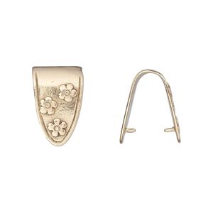 Bail, JBB Findings, fold-over, brass, 15.5x10.5mm shield with flowers, 13mm grip length. Sold individually.