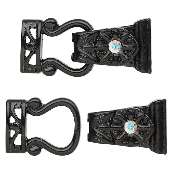 Clasp, magnetic, black-finished "pewter" (zinc-based alloy) and glass, clear AB, 29x13mm 2-strand fold-over. Sold per pkg of 2. image number 0