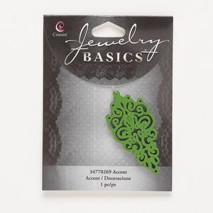 Focal, wood (dyed), green, 50.5x24.5mm double-sided fancy drop with cutout design. Sold individually.