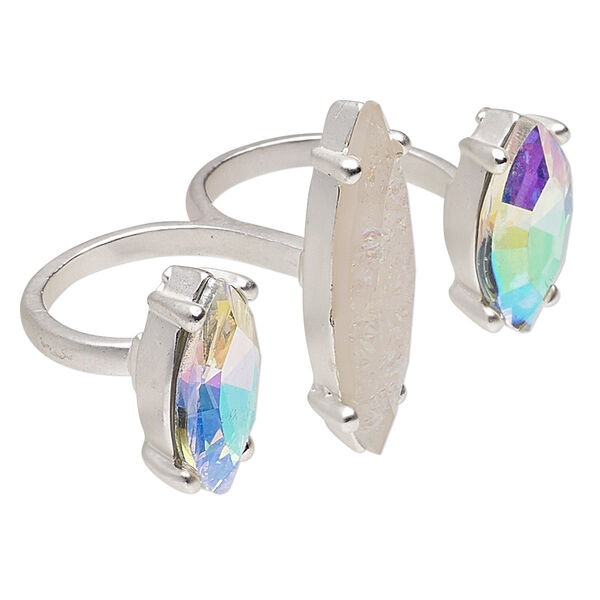 Ring, glass / resin / silver-plated "pewter" (zinc-based alloy), clear AB and opalescent pink, 30mm wide double band with 18x10mm and 29x8mm matte faceted marquise, size 9. Sold individually. image number 0