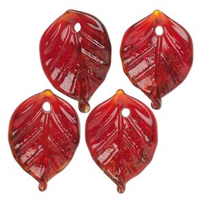 Drop, lampworked glass, translucent red and gold, 22x15mm leaf. Sold per pkg of 4.