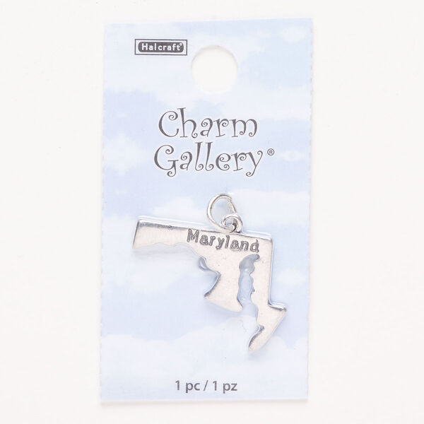 Charm, steel and enamel, pkg/1, silver finish and black, 27x20mm with "Maryland." image number 0