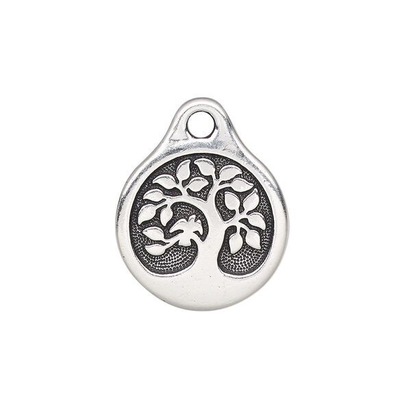 Drop, TierraCast®, antique silver-plated pewter (tin-based alloy), 16mm double-sided round with bird in tree. Sold per pkg of 20. image number 0