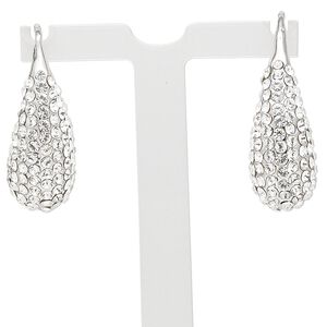 Earring, rhodium-finished "pewter" (zinc-based alloy) and glass rhinestone, clear, 1-inch teardrop with fishhook ear wire, earnuts included. Sold per pair.