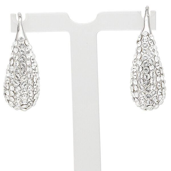 Earring, rhodium-finished "pewter" (zinc-based alloy) and glass rhinestone, clear, 1-inch teardrop with fishhook ear wire, earnuts included. Sold per pair. image number 0