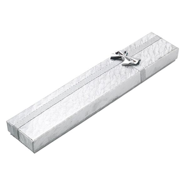 Gift box, paper and foam, silver and white, 8-1/4 x 1-1/2 x 3/4 inch rectangle with ribbon and bow. Sold per pkg of 12. image number 0