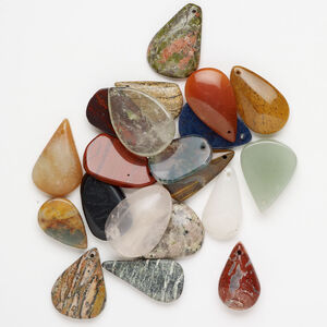 Multi-gemstone 1pkg20, top-drilled puffed / flat teardrop, drop mix 24x14mm-33x20mm