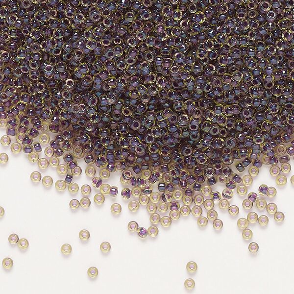 Seed bead, Miyuki, glass, pkg/250g, #15 rocaille, translucent cranberry-lined luster peridot (RR-335). image number 0