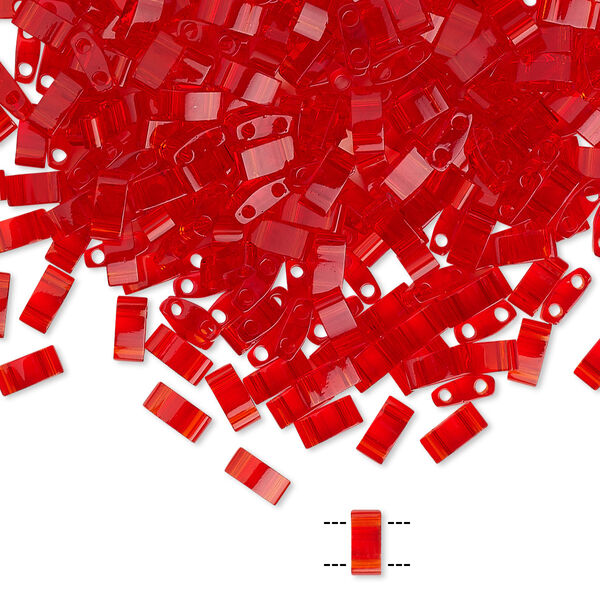 Seed bead, TILA®, glass, pkg/40g, 5x2.3mm half tila rectangle, transparent light fire red, (HTL-140). image number 0