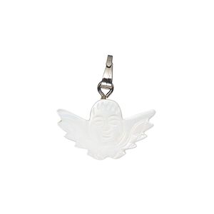 Pendant, mother-of-pearl shell (bleached) / antique silver-finished "pewter" (zinc-based alloy) / steel, 20x12mm-21x13mm single-sided carved cherub. Sold individually.