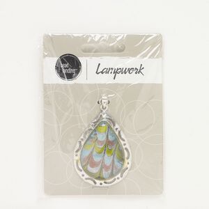 Pendant, silver-finished "pewter" (zinc-based alloy) and lampworked glass, light blue and light green, 44x34mm teardrop with copper-colored and silver-colored glitter. Sold individually.