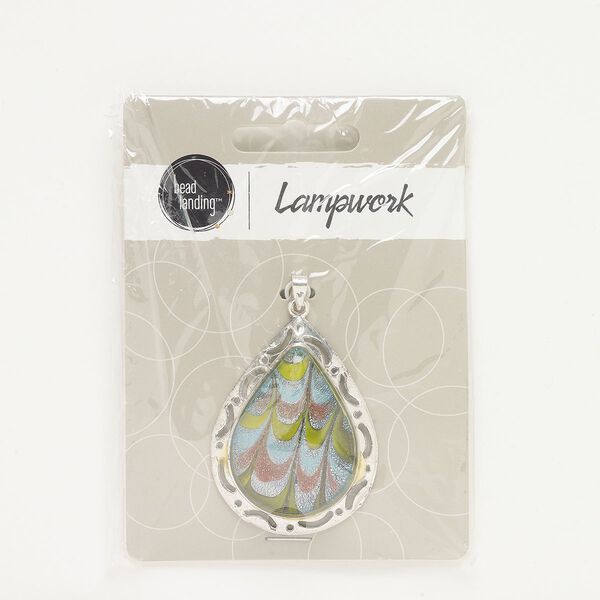 Pendant, silver-finished "pewter" (zinc-based alloy) and lampworked glass, light blue and light green, 44x34mm teardrop with copper-colored and silver-colored glitter. Sold individually. image number 0